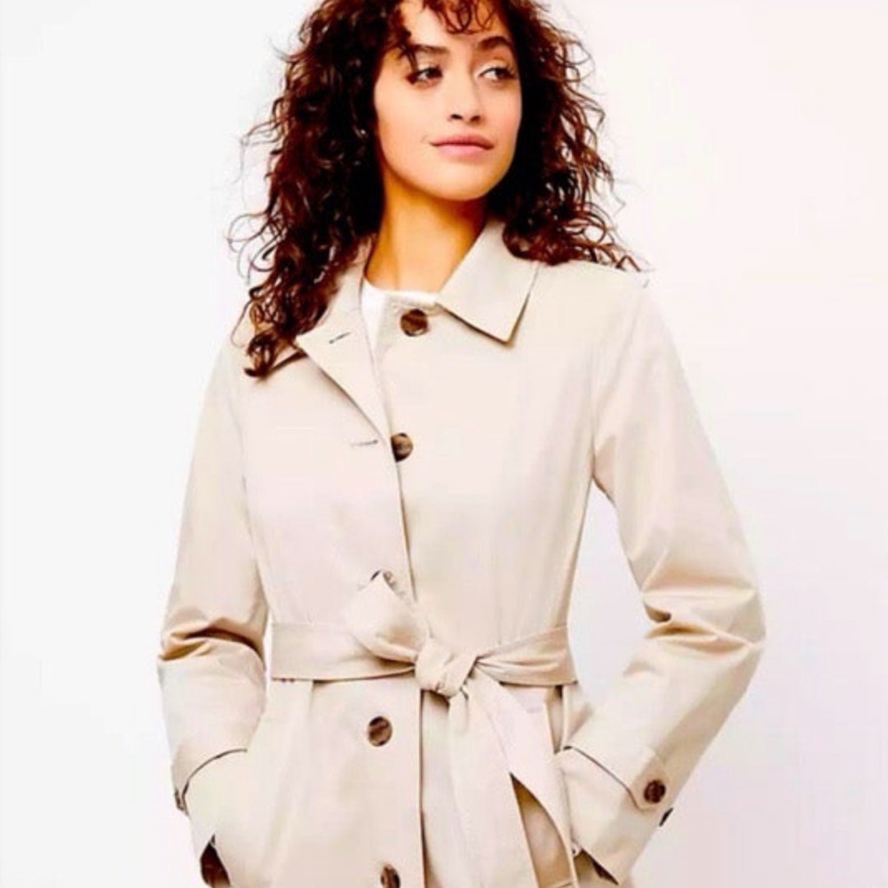 LOFT Ann Taylor Long Tan Khaki Belted Trench Coat Spring Preppy Casual L - Picture 2 of 15